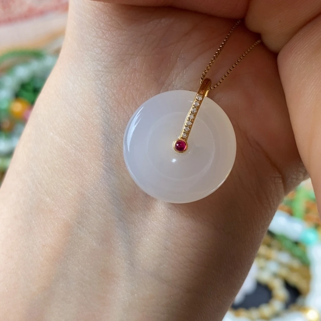 和田玉18K金镶嵌吊坠(赠链)冰胶平安扣