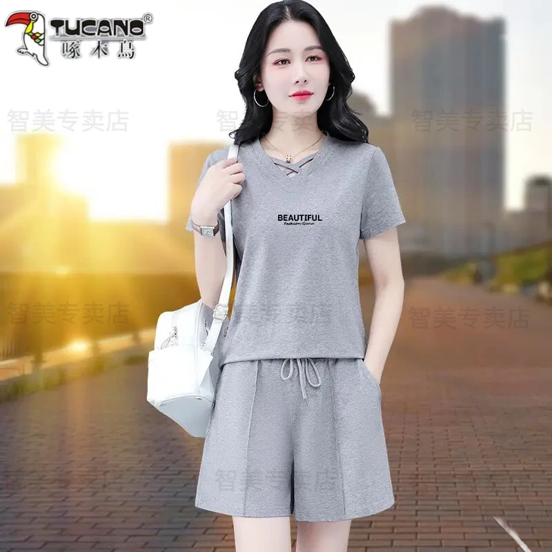 啄木鸟2025年洋气女宽松短袖减龄純棉休闲套装百搭运动服两件套