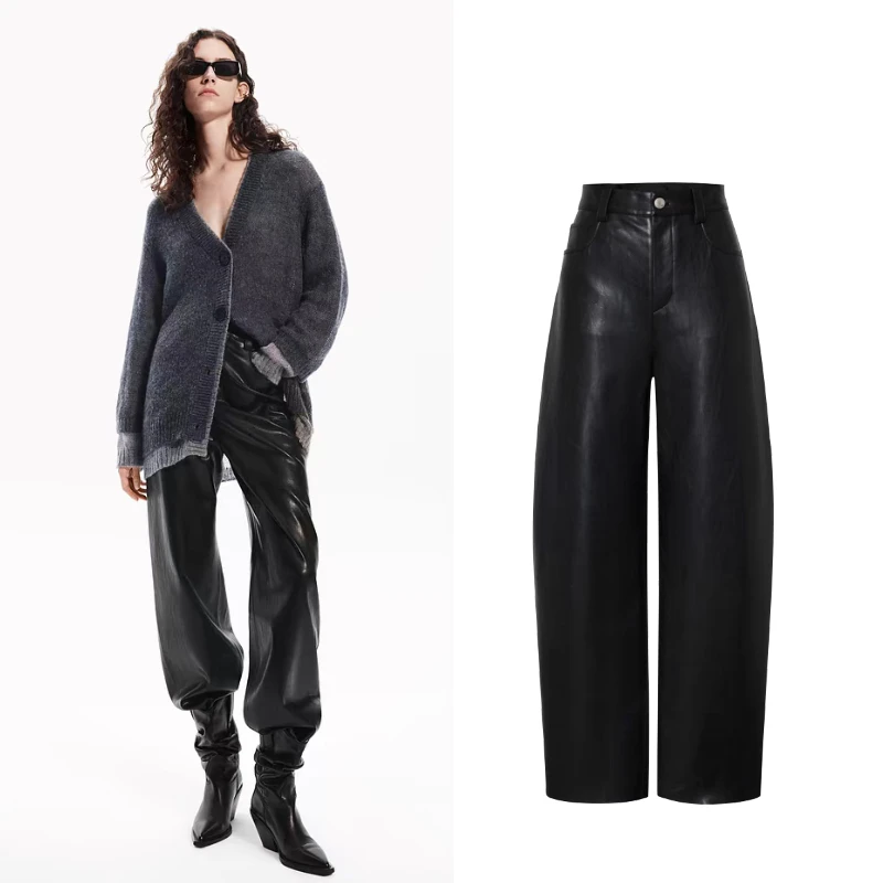 9123【M】时尚休闲裤2025春季新品压花工艺超纤皮皮裤高腰锥形裤