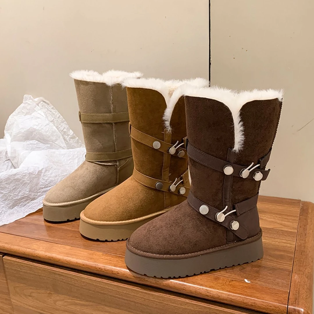 UHCK2026新保暖款雪地靴女厚底扣带两穿毛毛靴加绒加厚东北旅游高
