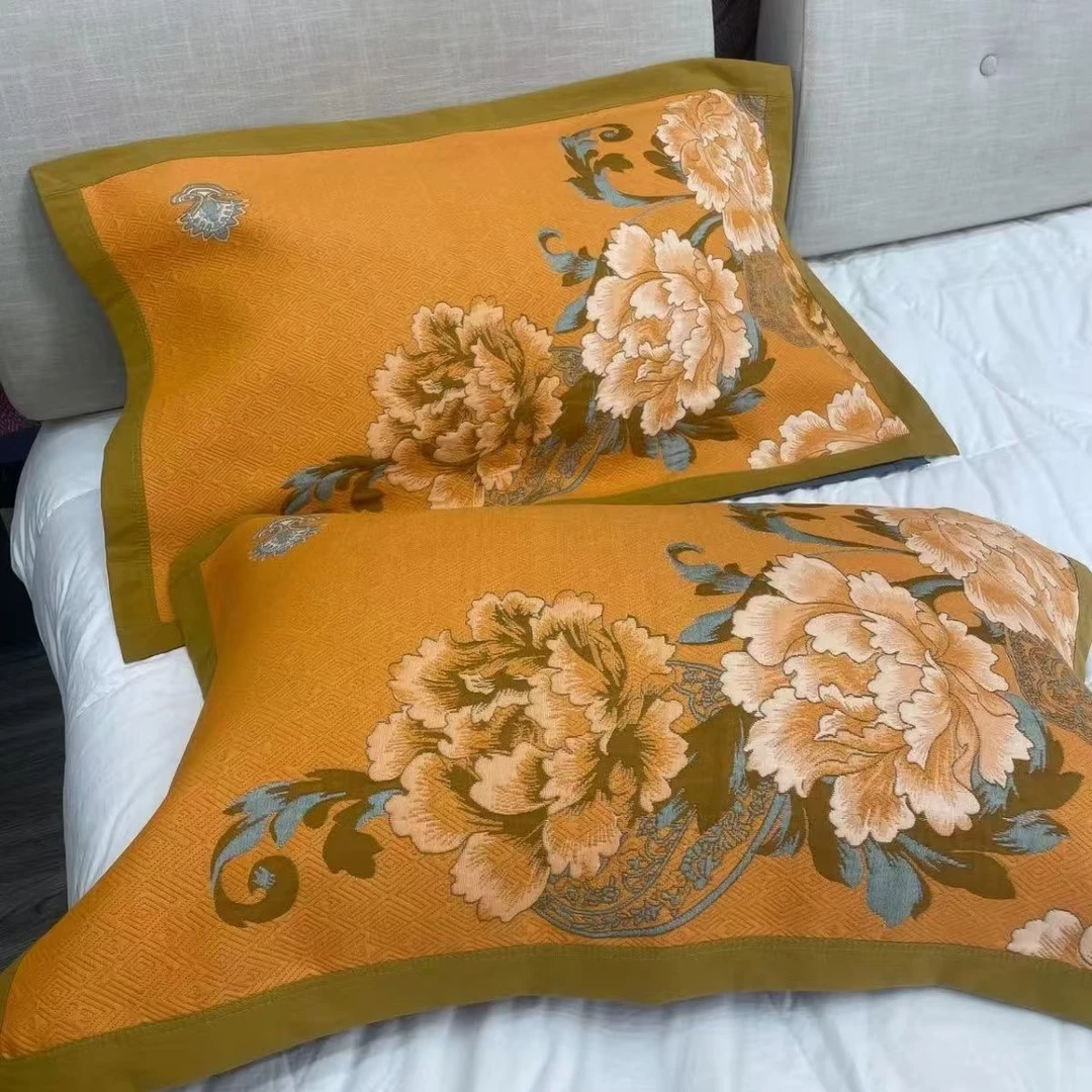 多层纱布枕巾--富贵同春（黄）