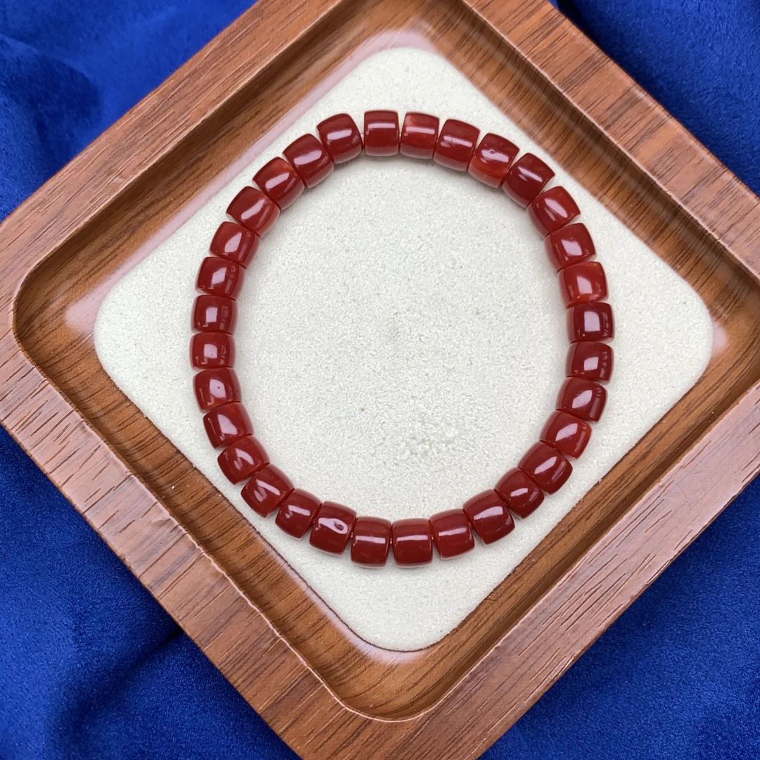 赤牛血红珊瑚直切桶珠手串日本阿卡精工归圆尺寸约7mm FLA6