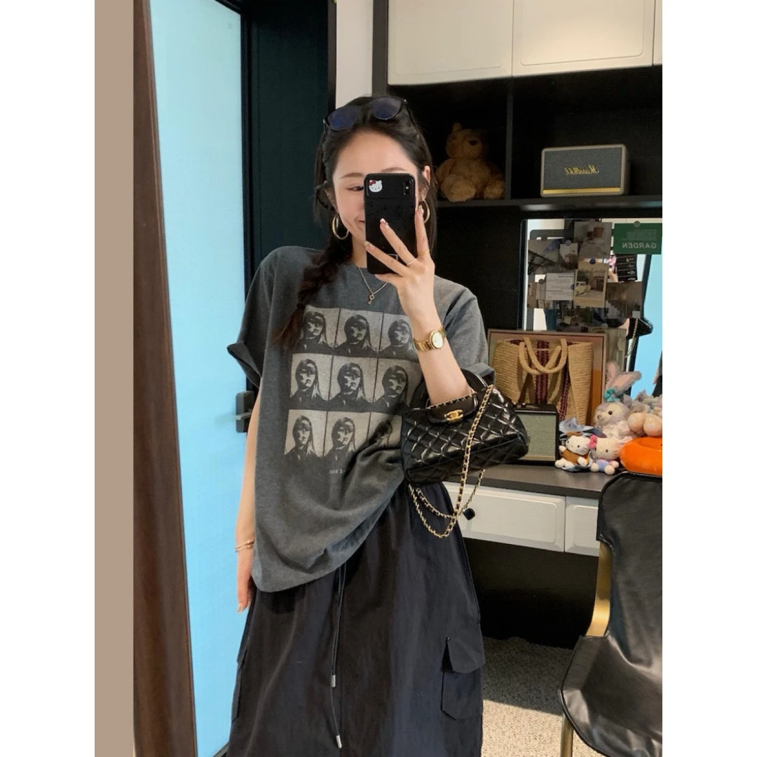 美树 WGWE-美式复古人像印花水洗灰磨毛夏季慵懒风短袖T恤W5850