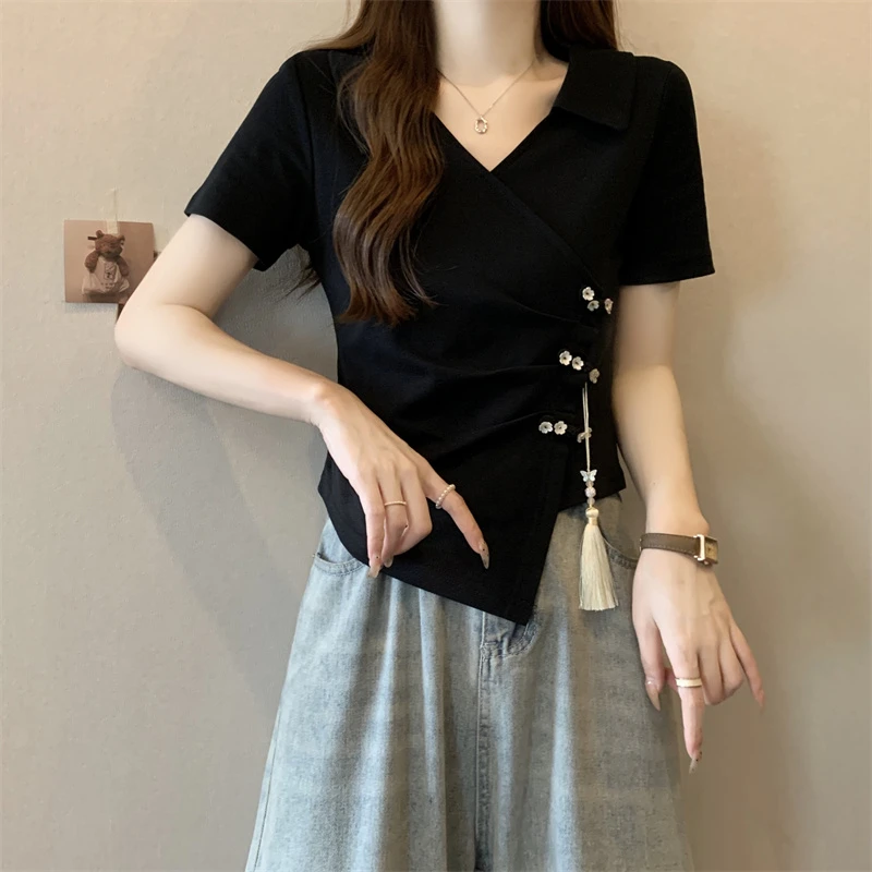 大码新中式不规则正肩短袖t恤女夏打底衫胖mm百搭遮肚显瘦V领上衣