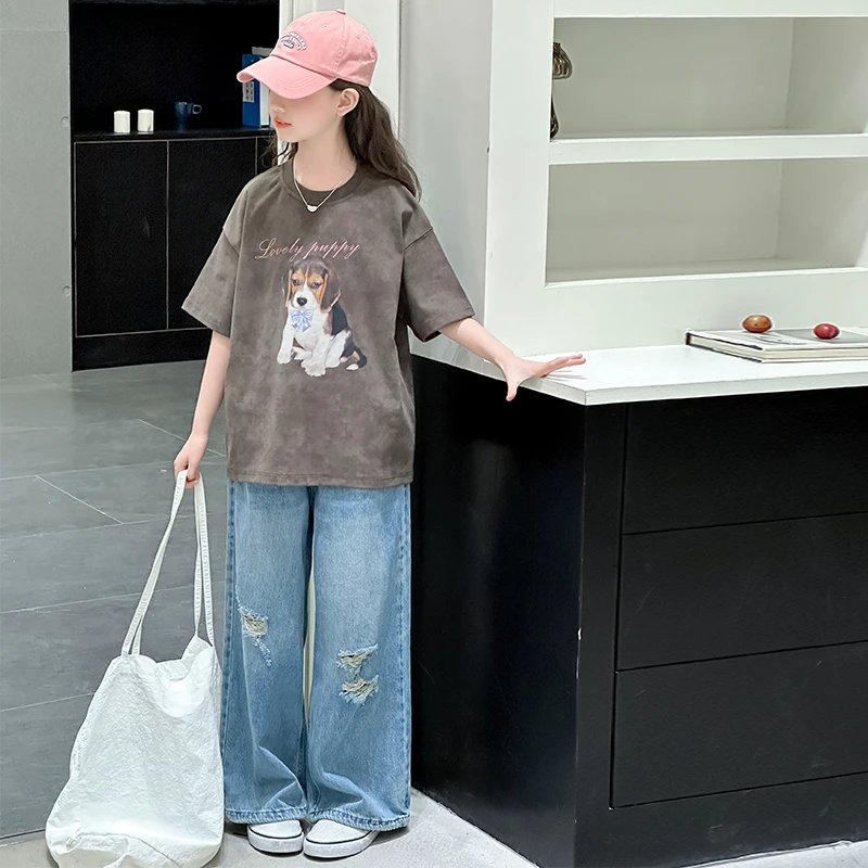 女童短袖牛仔裤套装2025新款夏季中大童洋气宽松短袖阔腿裤两件套