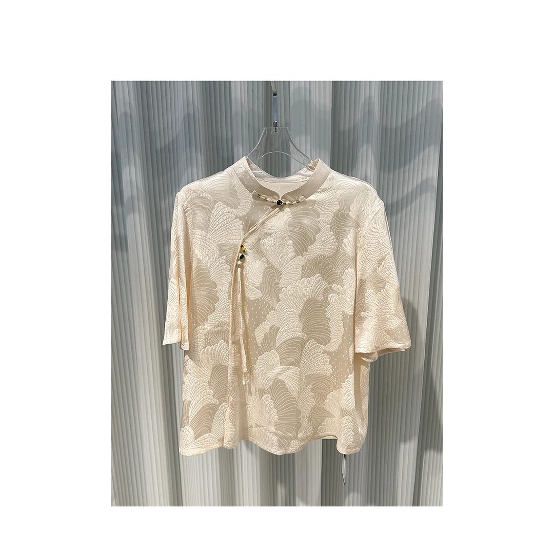 新中式真丝提花上衣女夏季新款立领气质复古重磅桑蚕丝衬衫上衣女