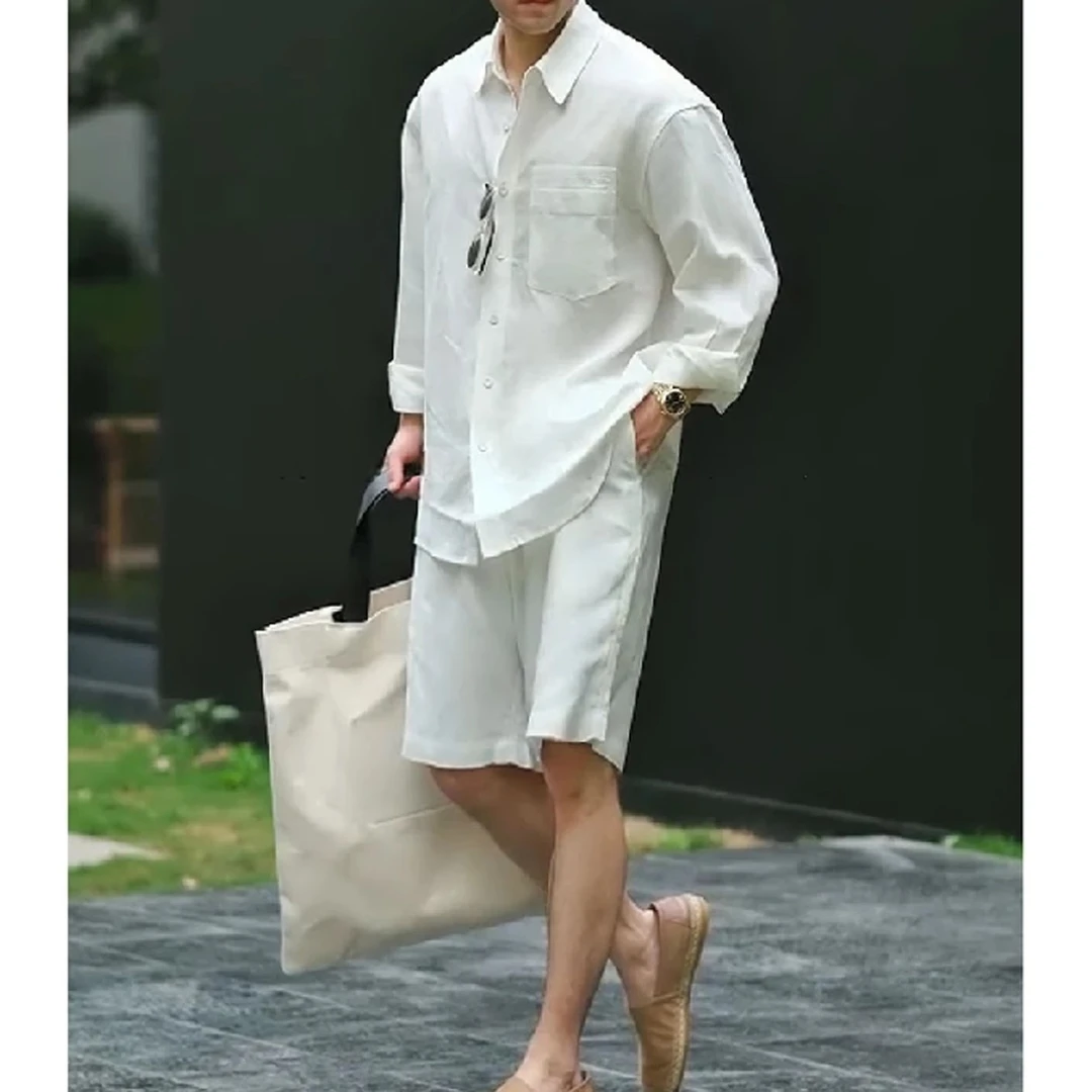 时尚口袋长袖亚麻衬衫宽松休闲短裤男夏季新款翻领衬衣百搭五分裤