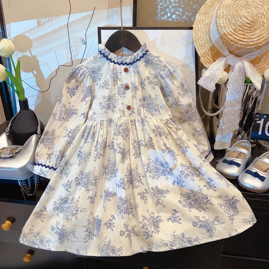 HHkids2025春秋女童连衣裙法式甜美印花公主裙泡泡袖碎花裙CCS029