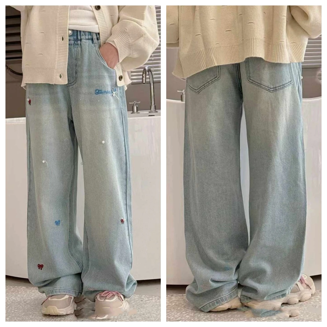 女童宽松牛仔裤春季洋气中大童阔腿裤休闲时尚直筒裤子2025年新款