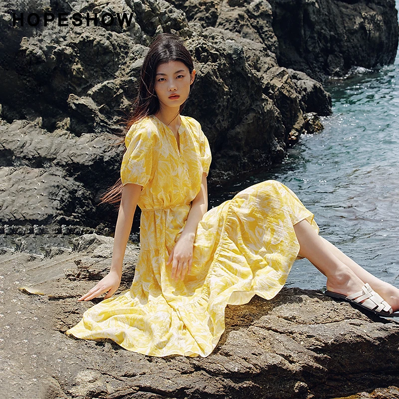 红袖2025夏季新款女装 印花系带泡泡袖茶歇裙两件套90125191601