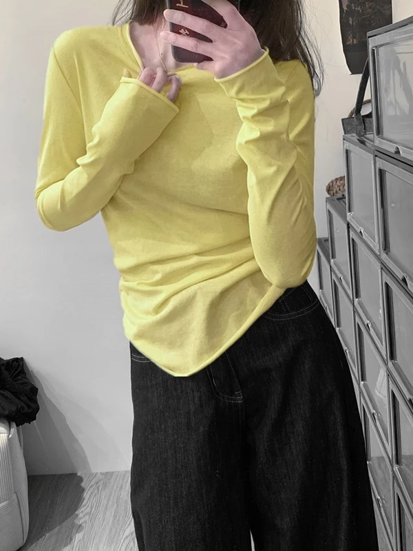 柠檬黄独特漂亮小衫女夏季薄款卷边正肩长袖T恤韩系微透罩衫上衣