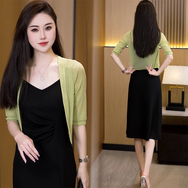 中袖冰丝针织衫女夏季新款吊带外搭防晒开衫薄款披肩上衣罩衫外套