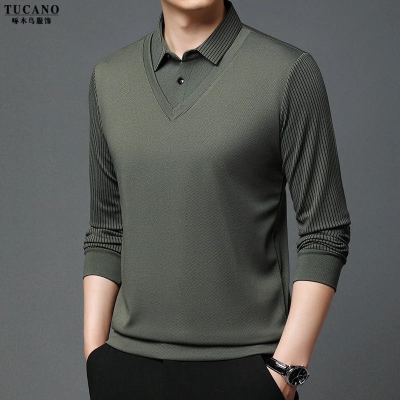 啄木鸟春秋款长袖t恤男商务休闲中年爸爸装衬衫领假两件男士条纹P