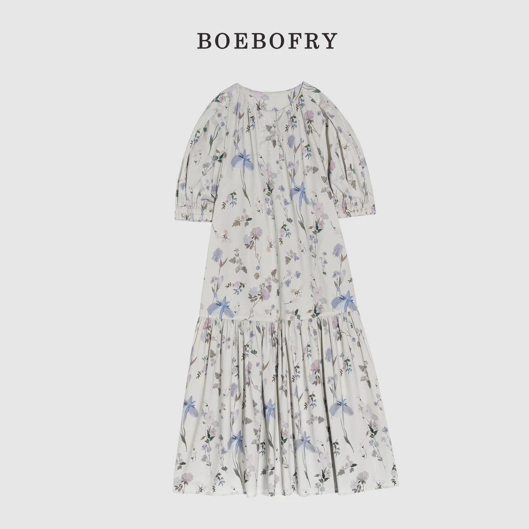 BOEBOFRY<云端鸢尾>夏季100%棉圆领宽松减龄碎花连衣裙BE2L0805