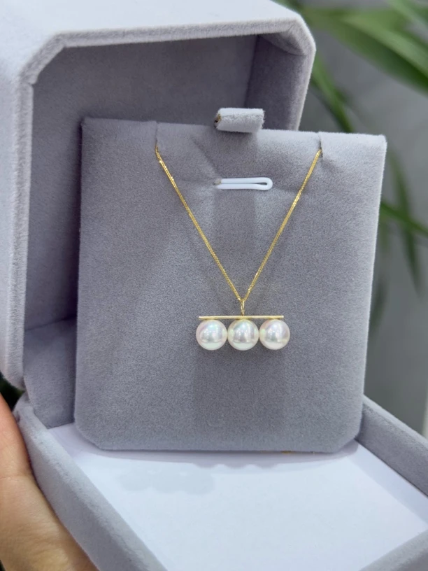 新款平衡木珍珠项链 18K金天然akoya海水珍珠 三珠平衡木气质时尚