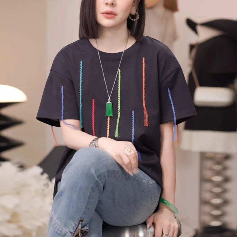 圆领休闲藏蓝色t恤女士2025夏季时尚宽松减龄设计感显瘦短袖上衣