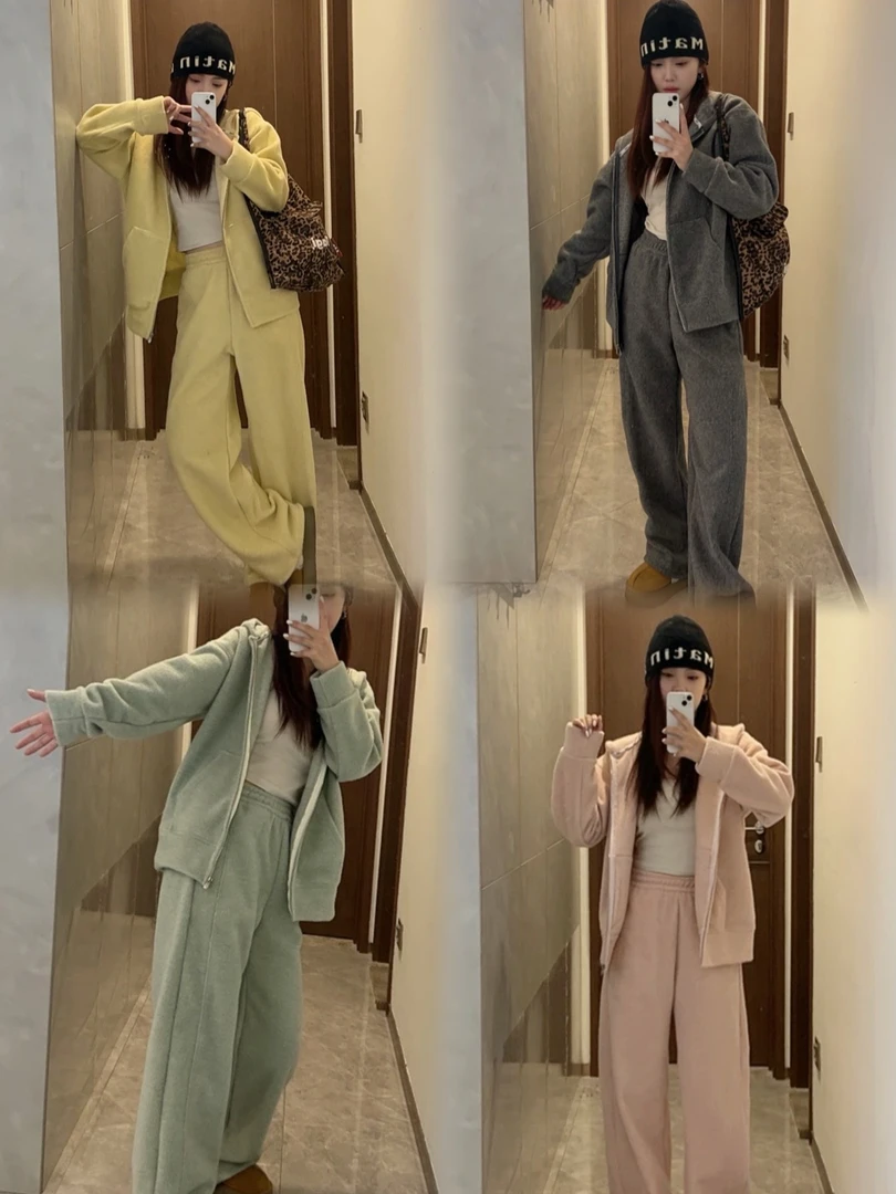 韩Egg冬季脚口两穿卫裤保暖简约一条过冬显瘦束脚裤休闲裤高腰