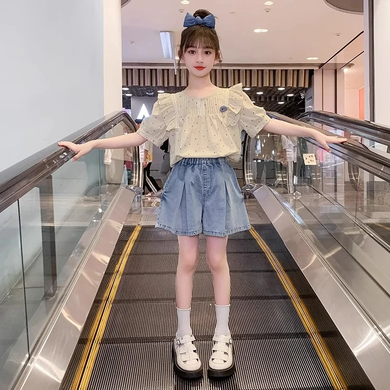 女童套装夏季2025新款儿童洋气圆点衬衫网红中女宝宝洋气套装夏