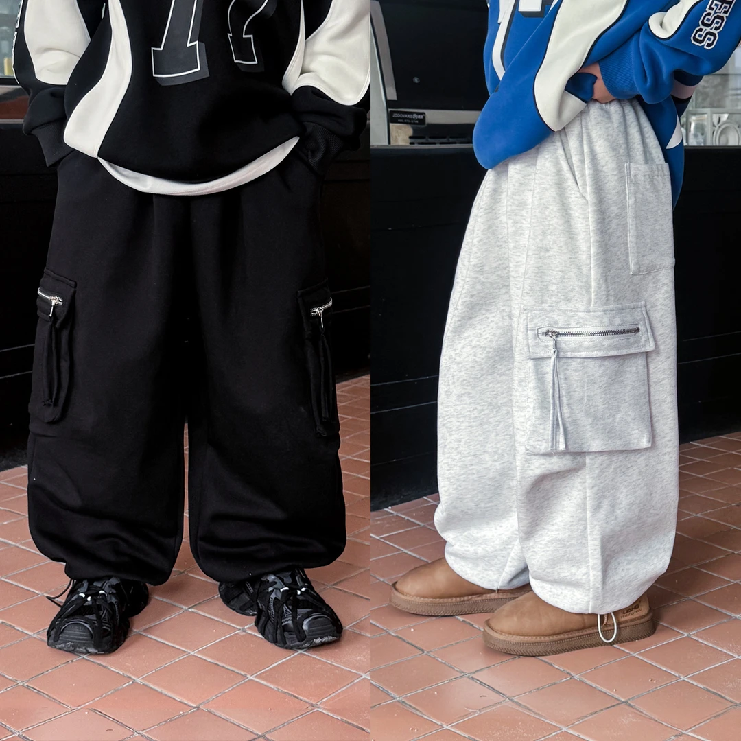 棉小班童装冬季韩版拉链口袋中大童休闲裤百搭加绒加厚卫裤FD5018