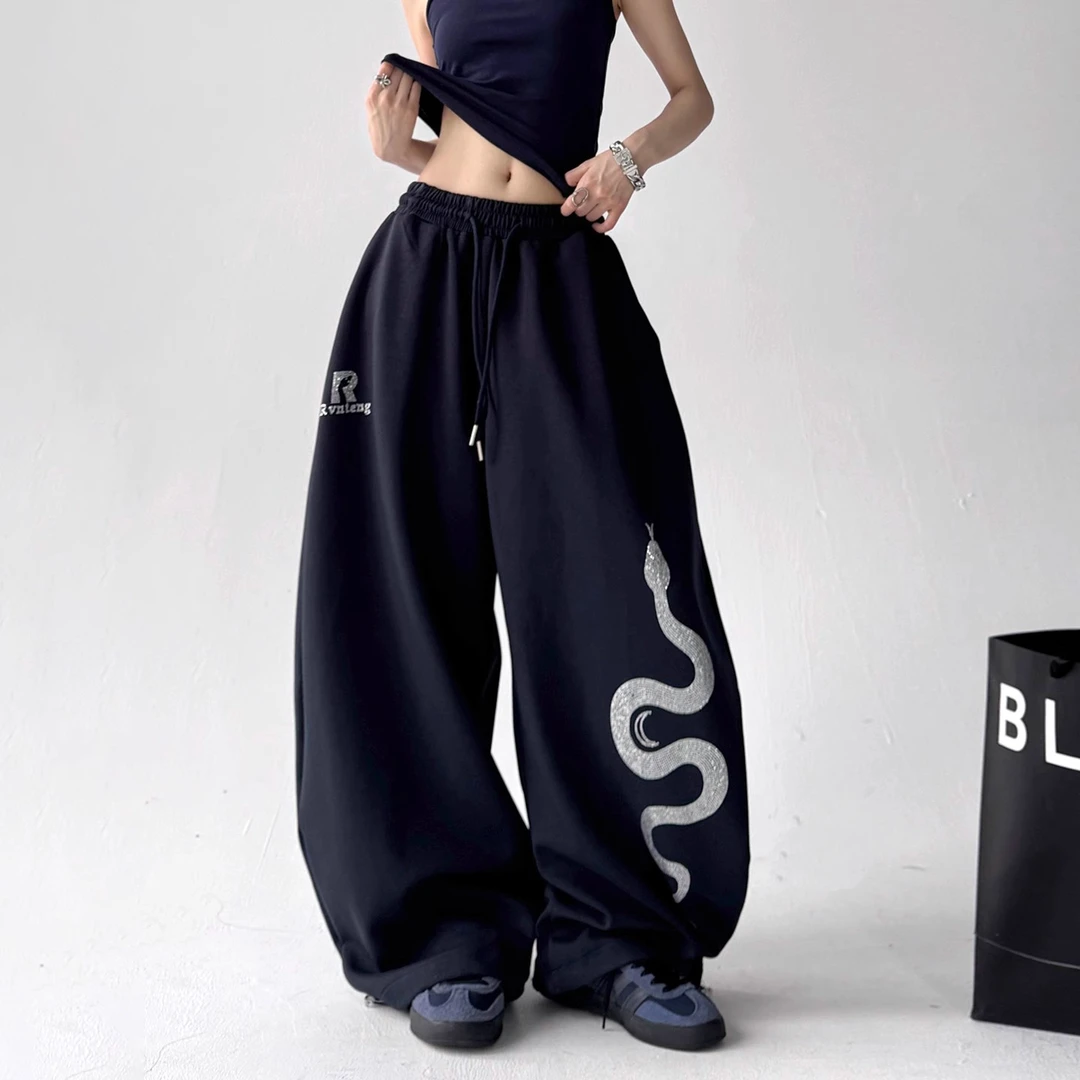 2025年超火夏装新款阔腿裤女复古设计感烫钻印花休闲裤宽松卫裤