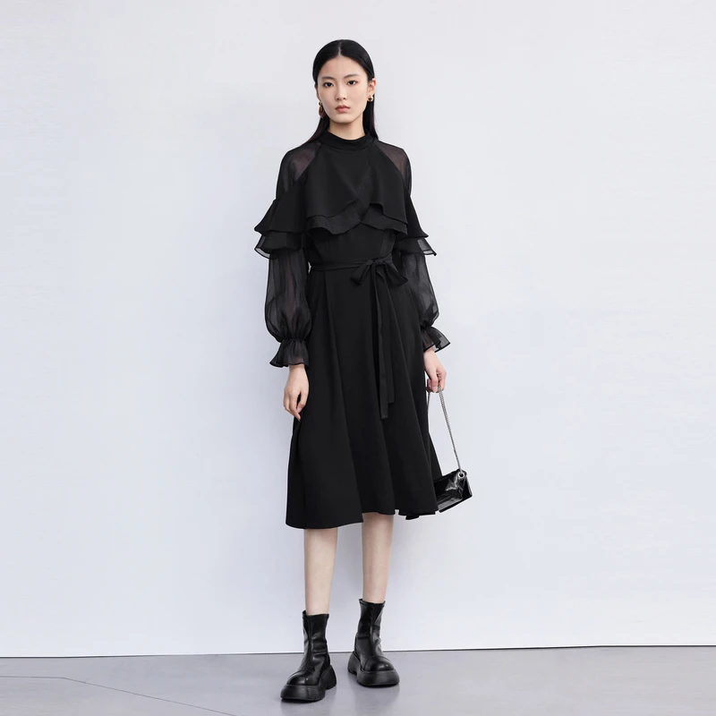 S·DEER圣迪奥女装时尚圆领网纱收腰不规则长袖连衣裙S223Z128U