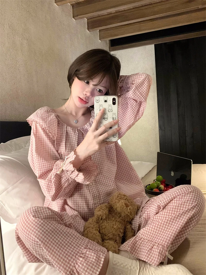 韩系甜美粉色格子大翻领睡衣女春秋季长袖套装宽松舒适家居服睡裙