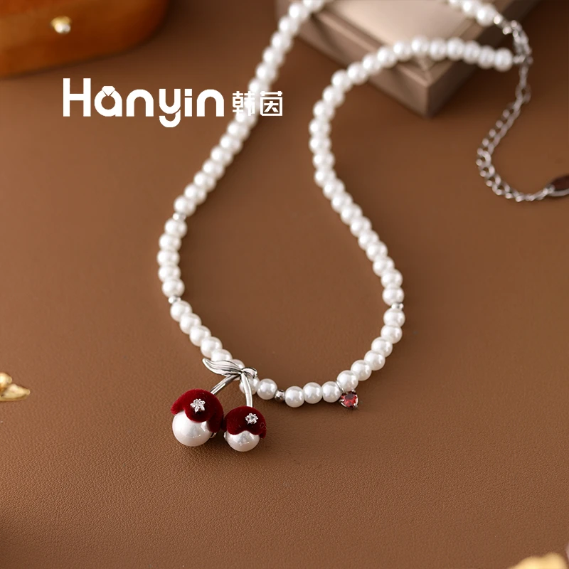 铜合金仿珍珠项链 52cm/6mm微镶五角星红色绒布樱桃圆珠项链AAA