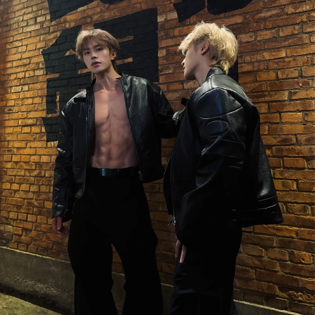 AOBOYUAN 美式重工立体廓型垫肩加棉机车夹克皮衣棉服潮流复古