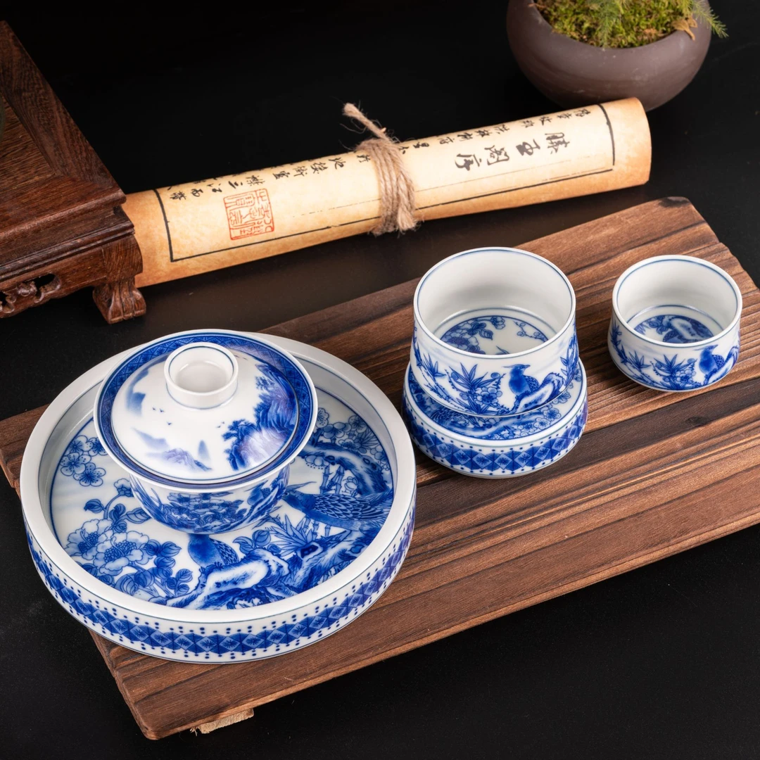 秉承传统工艺景德镇炎匠怀古枢府釉青花前程似景陶瓷茶具套装简装