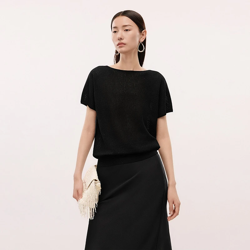 LANCY/朗姿2025夏新款高级感莱赛尔短袖针织衫女法式气质百搭上衣