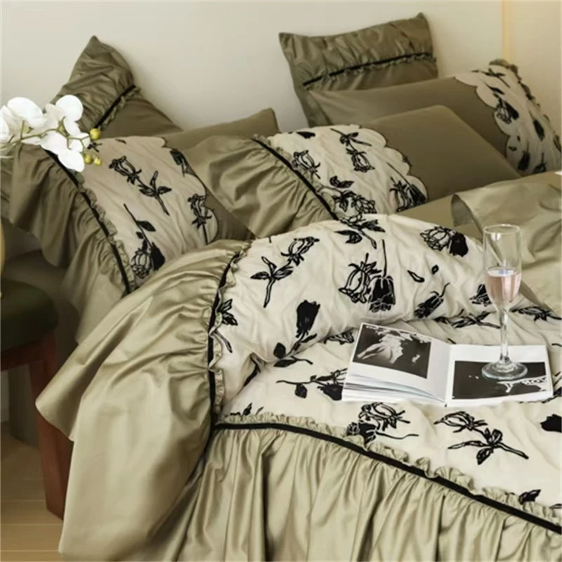 轻奢纯棉长绒棉刺绣法式复古蕾丝全棉四件套床上用品被套