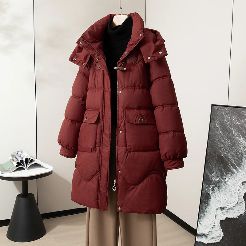 棉服女中长款2024新款韩版宽松棉衣牛角扣加厚保暖冬季棉袄红外套