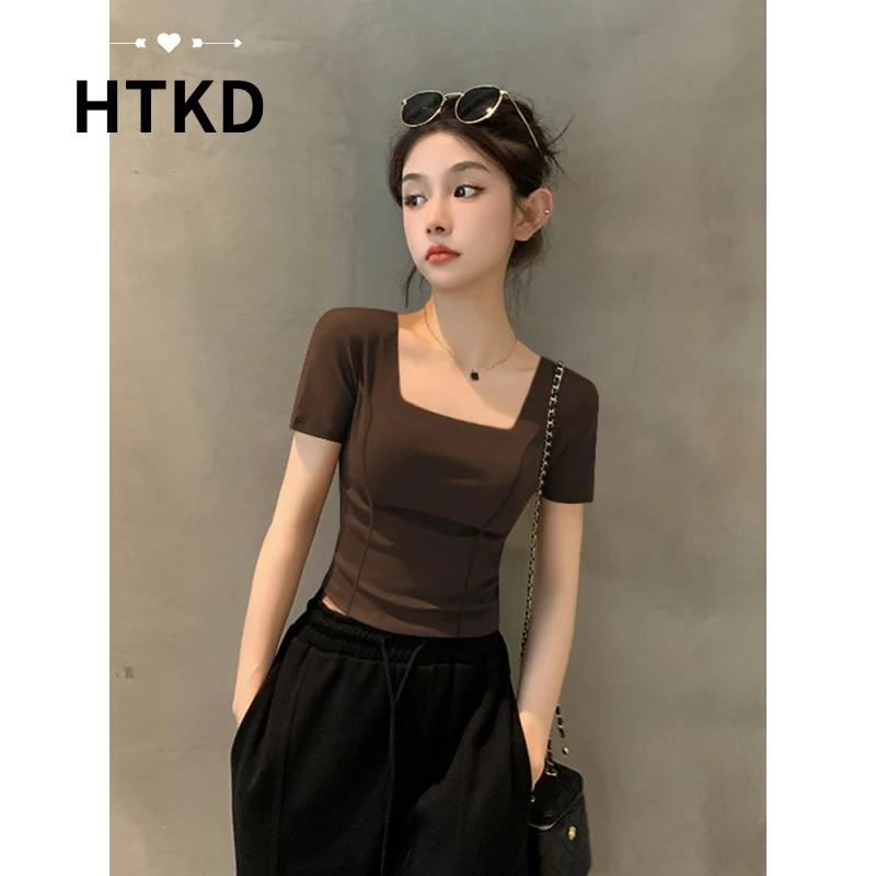 HTKD2025新款夏季咖色方领短袖T恤女紧身短款针织螺纹鱼骨正肩上