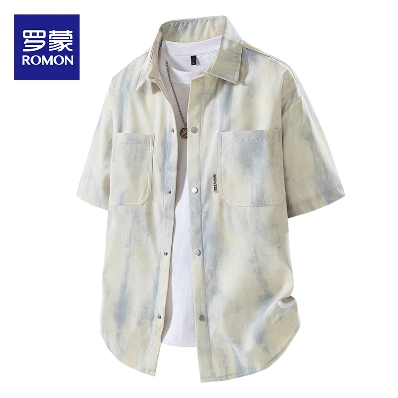罗蒙2025新款港风冰丝扎染短袖衬衫男士夏季潮流半袖宽松上衣男款
