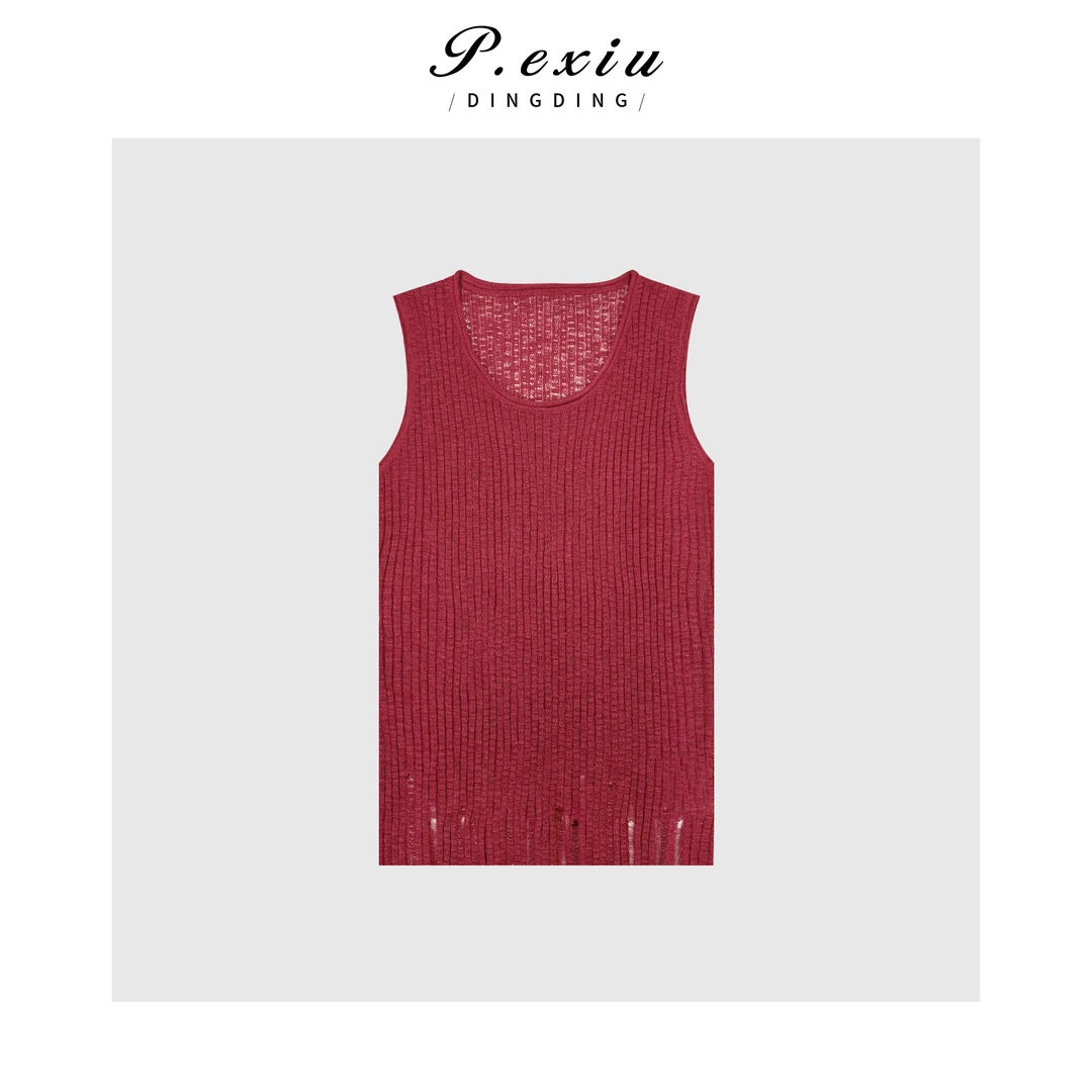 PanYiXiu/潘依绣【非凡洋红】人丝做旧下摆竖条纹圆领背心ZZ0892