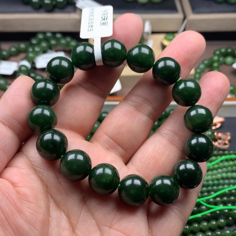 【闪购商品】和田玉（碧玉）手串未镶嵌13mm菠菜绿放漏
