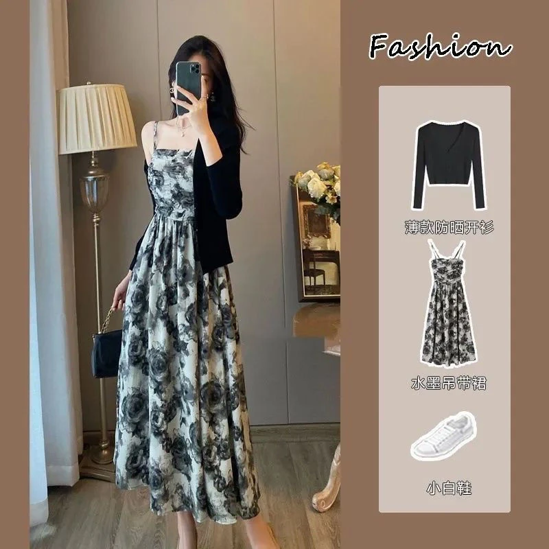 慵懒风水墨玫瑰吊带连衣裙套装女夏季薄款开衫纯欲显瘦裙子 气质
