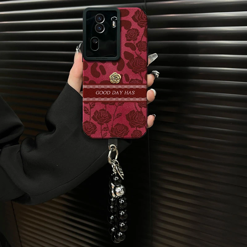 适用【opporeno11pro】豹纹玫瑰ins风秋冬酒红翻毛皮网红创意手机壳