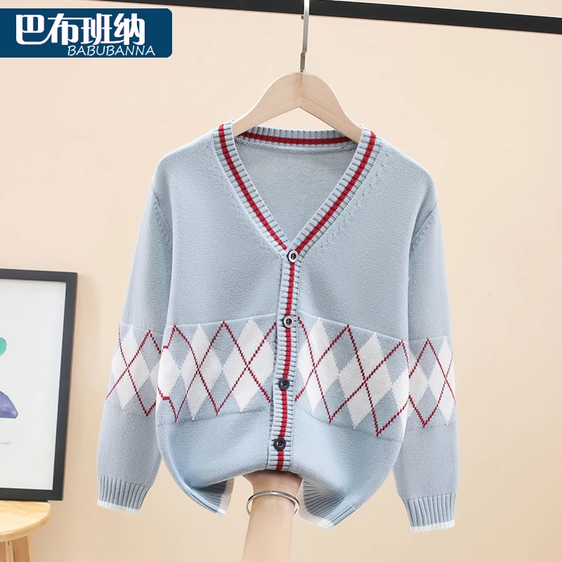 男童纯棉开衫毛衣2025新款春秋款儿童针织衫外套中大童学院风线衣