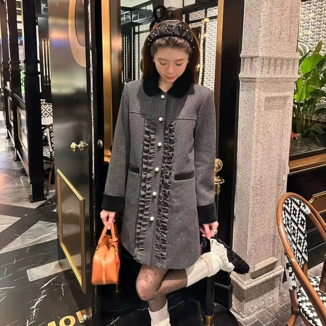 2025春款法式小香木耳边设计感珍珠扣内加棉显瘦优雅气质外套裙