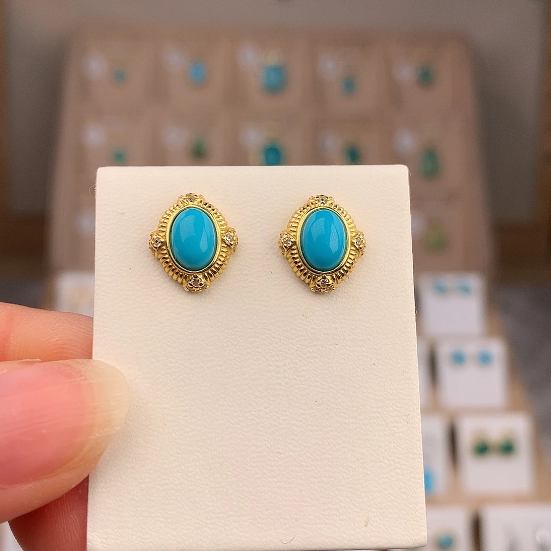 绿松石银S925镶嵌耳饰