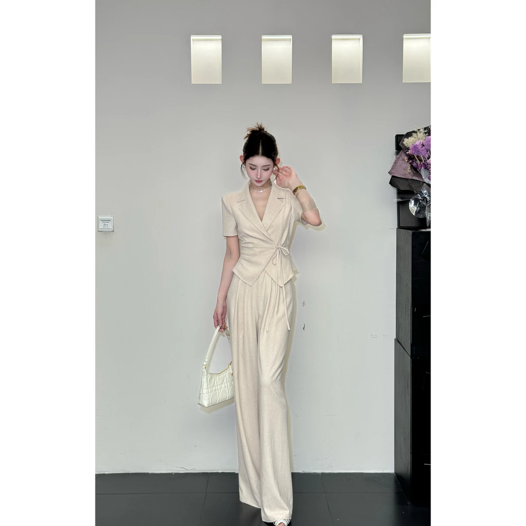 【精选优品】新款休闲风显瘦高级感轻奢设计师收腰长裤套装25496