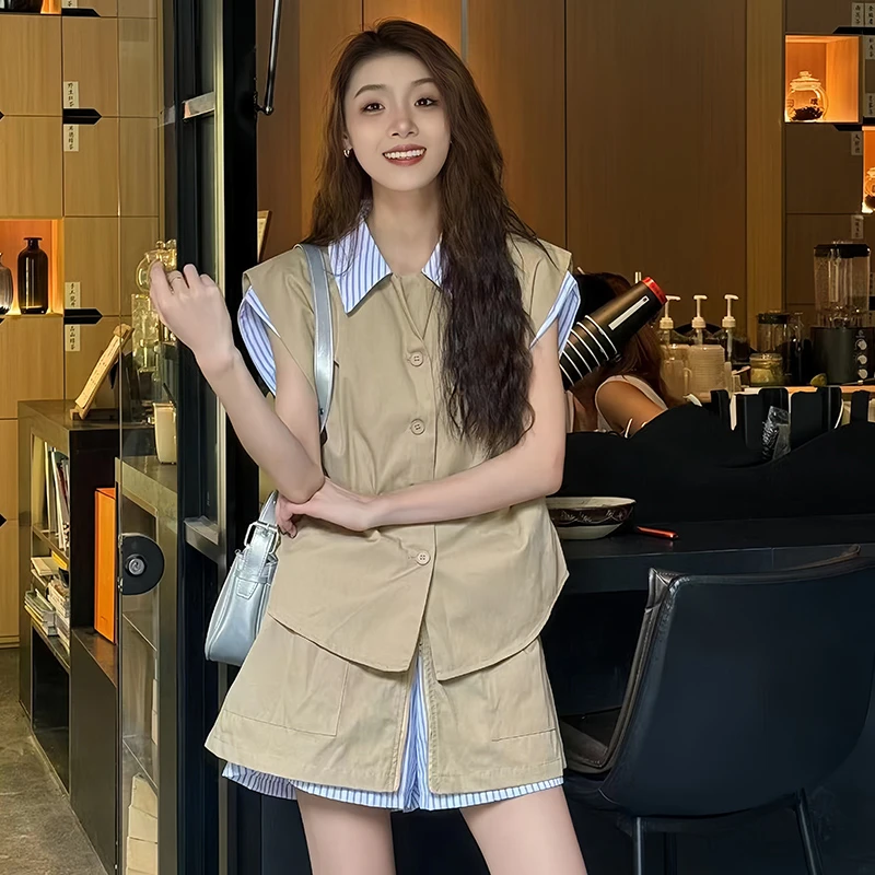 2025夏季新款假两件拼接条纹马甲衬衫+短裤套装女时尚休闲两件套