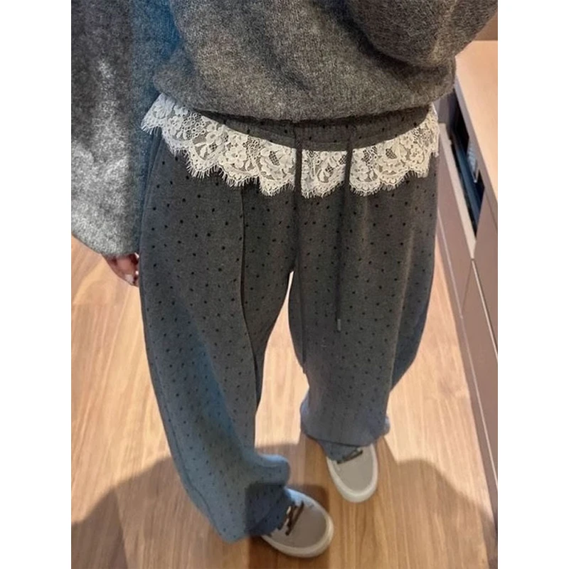 韩系蕾丝边松紧腰波点休闲裤子女2025早春显高垂感宽松阔腿直筒裤