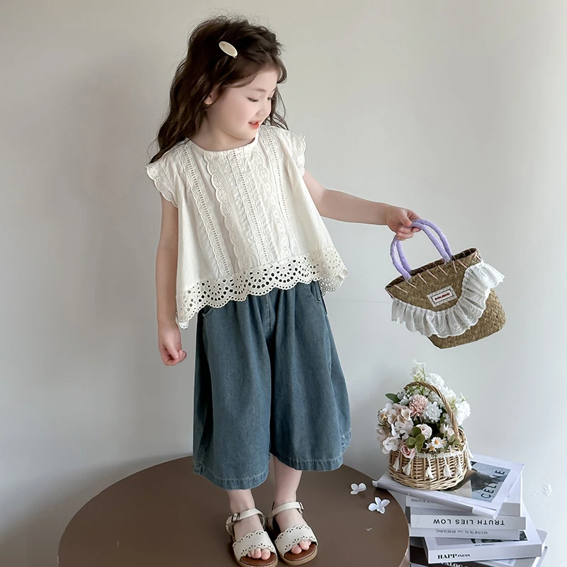女童套装洋气儿童娃娃衫牛仔阔腿裤两件套小女孩宝宝夏装2025新款