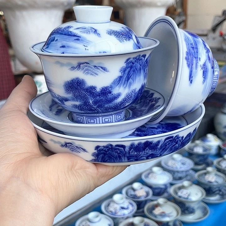 青花釉下彩盖碗杯子壶承