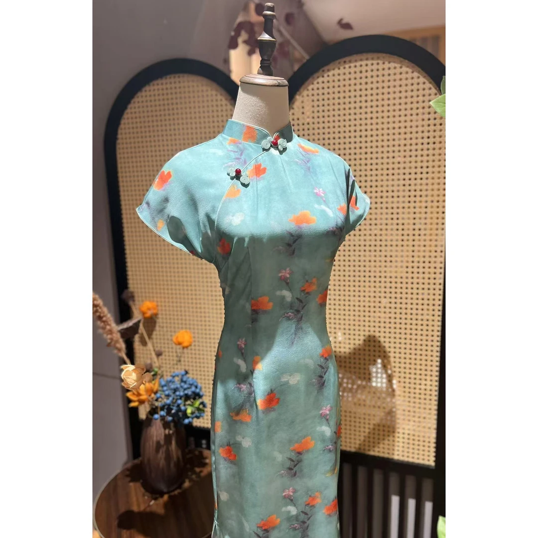 戚薇原创【沐雨】长118新款夏季新中式品质双层旗袍