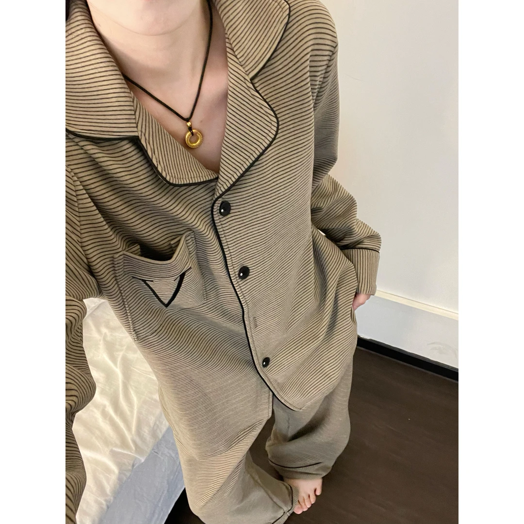 秋冬季撞色条纹德绒加绒加厚保暖睡衣女甜美简约可外穿家居服套装