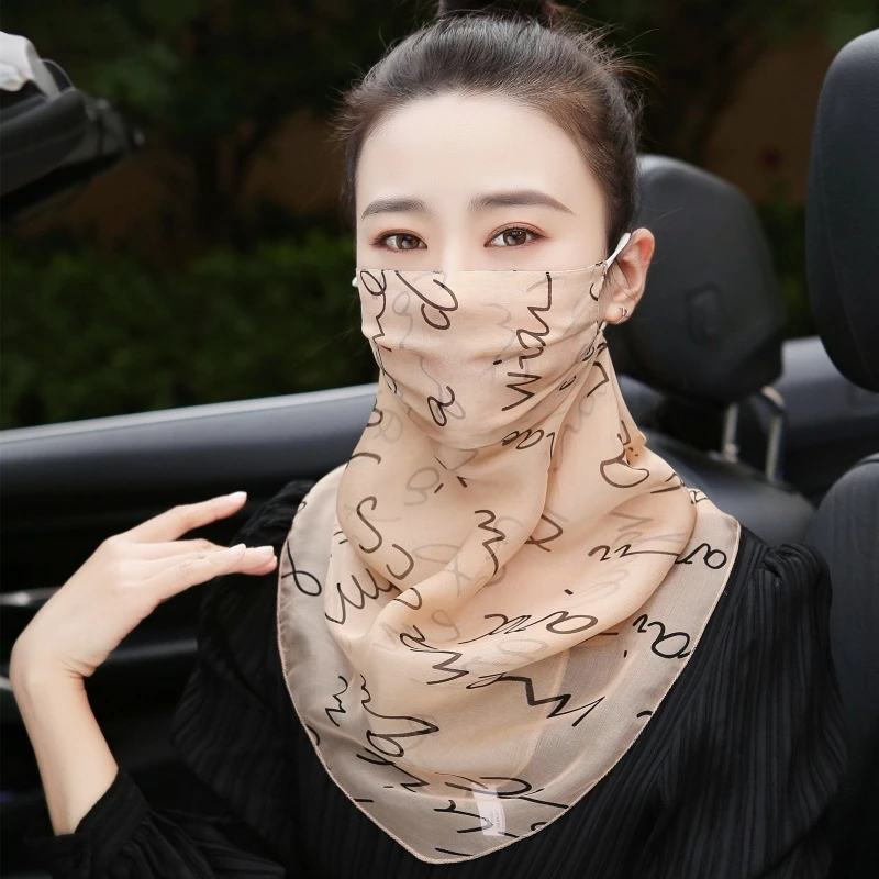 桑蚕丝防紫外线面纱真丝口罩护颈一体夏季面罩薄款遮脸围巾披肩女