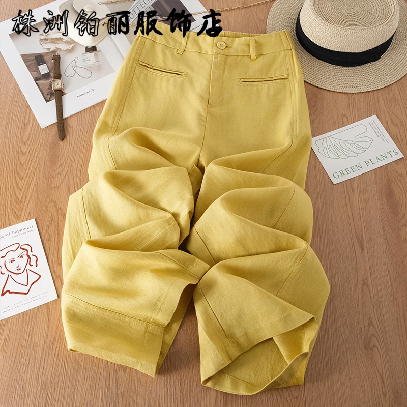 黄色棉麻阔腿裤女夏季薄款2025新款凉凉休闲裤高端天丝亚麻直筒裤